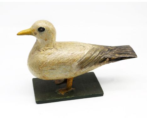 An early 20th century Folk Art wooden model of a Common Gull, on rectangular painted base, carved detail to closed wings and 