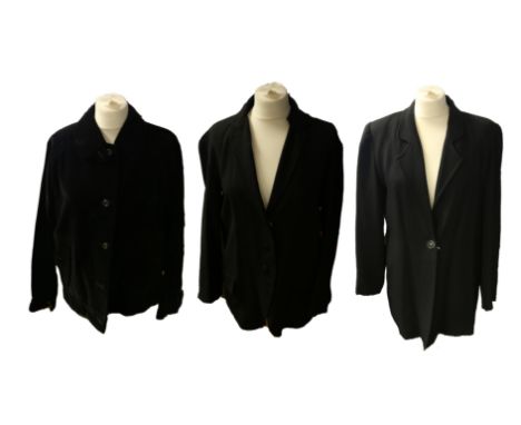 A black all wool Jean Muir studio jacket, 3/4 length, revers neckline, 2 flap pockets, slit sides, 3 covered buttons, 1990s, 