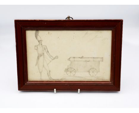 An unusual early 19th century naive pencil sketch, depicting a Napoleonic war era army officer, next to a canon. Seemingly da