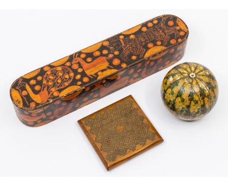 A 19th/early 20th century Indian painted pen box of rectangular form with rounded sides naively decorated with animal decorat
