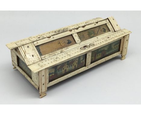 A well made, early 19th century French Napoleonic war prisoner of war work carved bone gaming box. Designed as a type of cask