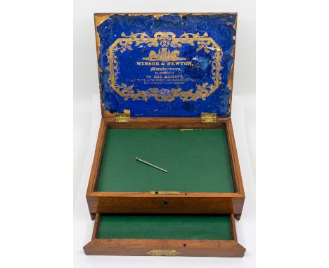 A late 19th century Winsor & Newton crossbanded mahogany single drawer artists box, the hinged lid opening  reveal green line