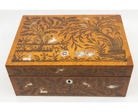 A 19th Century marquetry jewellery box, the cover and front decorated with stylised trees, flowers and water reeds with mothe