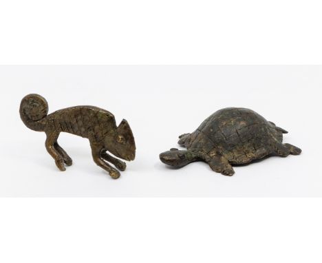 2 examples of cast bronze Akan / Ashanti gold weights/ One depicting a turtle, and the other is what appears to be a chameleo