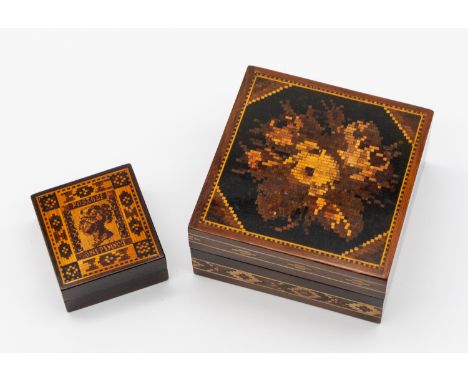 A 19th century Tunbridge Ware square trinket box, with inlaid flower design to removable cover and banded decoration to sides