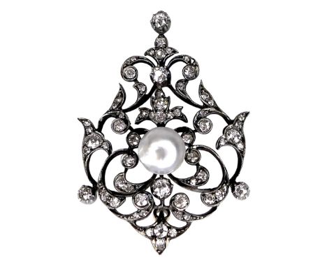 A Victorian diamond and pearl metamorphic necklace, set centrally with a pearl, 8mm, surrounded by foliate scrolls set about 