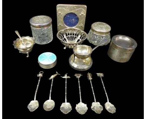 A collection of Edwardian and later silver, including a George V small lidded circular pot with engine turned turquoise ename