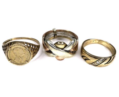 A group of three 9ct gold rings, comprising one tri-colour, size J, one set with a 'Emperador Maximiliano' Mexican coin, 10mm