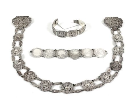 A silver coin bracelet, formed of six 16th century Elizabeth I / Charles II silver coins, together with an Art Nouveau 830 si