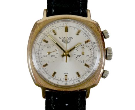 A vintage Heuer Camaro gold plated gentleman's wristwatch, circa 1960s, circular white dial with twin chronograph registers, 