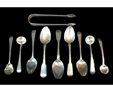 A collection of George III and later silver flatware, including a pair of George III old English pattern teaspoons, with init