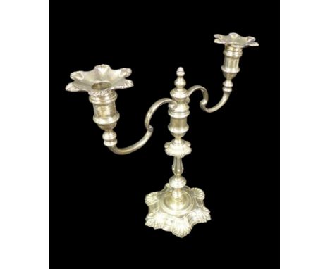 An Elizabeth II silver twin branched candelabra, the knopped stem with foliate decoration, removable scrolled branches with t