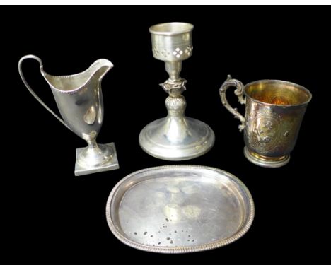 A collection of George III and later silver, comprising a George III milk jug, rubbed maker's mark, London 1788, 10 by 5.3 by