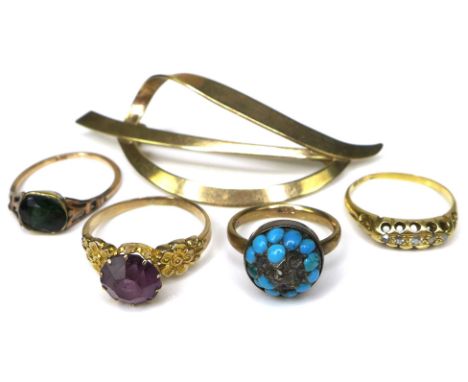 A group of four 9ct gold rings, in a variety of designs, sizes O, M, K and G, total gross weight 9.2g, together with a 9ct go