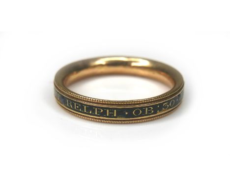 A George III yellow metal gentleman’s memento mori ring, inscribed to the black enamel band 'Cuthbert Relph, OB 30 Jan, 1782 