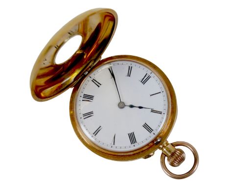 An Edwardian 18ct gold cased half hunter lady's pocket watch, with black Roman numerals to outer case, the white enamel dial 