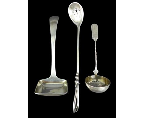 Three 19th century and later European and Russian silver spoons, including a 19th century Dutch sauce ladle, J. Hellwig, Amst