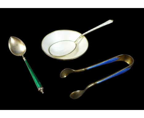 Four pieces of 20th century Danish and Norwegian enamelled silver, comprising a Danish Egon Lauridsen salt spoon, 11.2cm long