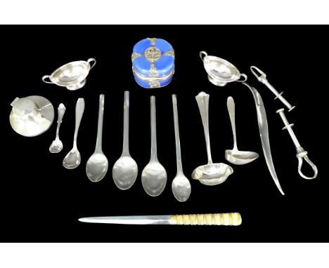 A collection of Victorian and later silver and white metal, including a pair of Victorian twin handled salts with filled base