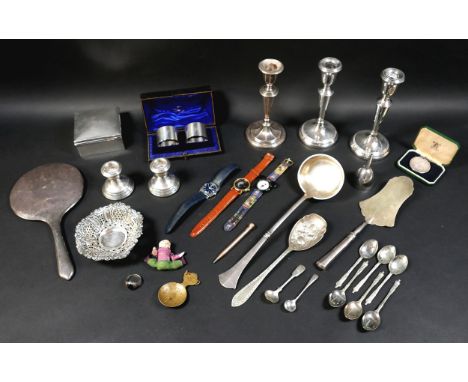CATALOGUE AMENDMENT: One salt spoon (Hanoverian pattern) removed from this lot. A mixed group of silver and silver plated ite