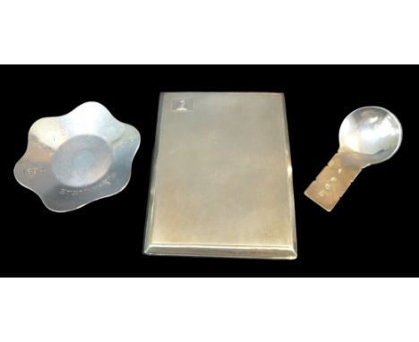 Three pieces of George V and later silver, comprising a George V cigarette case, with parcel gilt interior, inscribed 'R.G. S