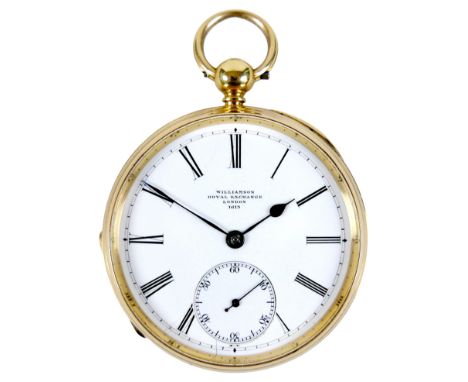 An 18ct gold cased open faced pocket watch, key wind, the white enamel dial signed 'Williamson, Royal Exchange, London, 1613'