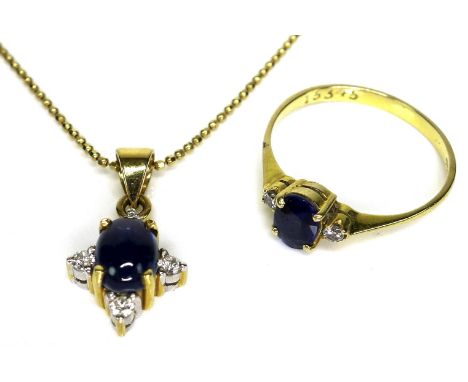 An 18ct gold, diamond and sapphire necklace and ring, formed of an oval sapphire cabochon surrounded by four brilliant cut di