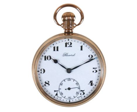 A 9ct gold Record gentleman's open faced pocket watch, circa 1935, keyless wind, the white enamel dial with subsidiary second