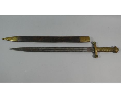 A Brass Handled Short Sword with Brass Mounted Leather Scabbard, Blade 46cm Long 