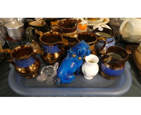 A Collection of Jugs to Include Royal Doulton Tavern Jug, Ceramic Bulldog, Copper Lustre Jugs etc 