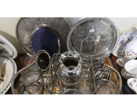 A Collection of Silver Plate Items to Include Wine Coasters, Silver Plate Toast Rack, Pierced Tray, Circular Drinks Tray, Ova