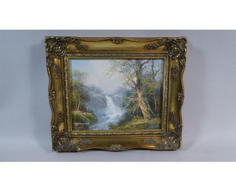 A Gilt Framed Oil on Canvas Depicting Woodland Waterfall, Signed R Danford, 24cm Wide 