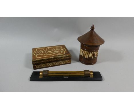 A Circular Quill Mounted Lidded Box, Jewish Inlaid Box and Thornton Roller Ruler 