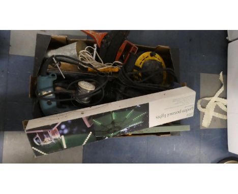 A Box of Various Work Shop Tools Together with Garden Parasol Lights 