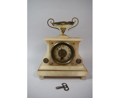 A French Alabaster Mantle Clock with Vase Finial, 20cm Wide 
