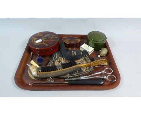 A Small Tray of Curios to Include Oriental Lacquered Circular Box, Mother of Pearl Oval Container, Swan Pin Cushion, Silver P