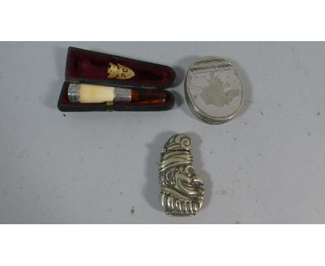 A Collection to Include Silver Mounted and Amber Cheroot Holder in Case, Punch Vesta and White Metal Oval Snuff Box 