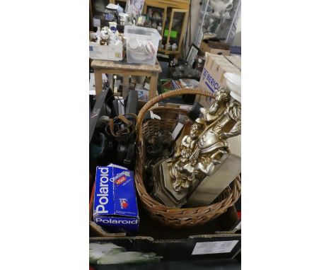 A Wicker Basket, Silver Plated Tealight Holders, Polaroid Vintage Camera etc 