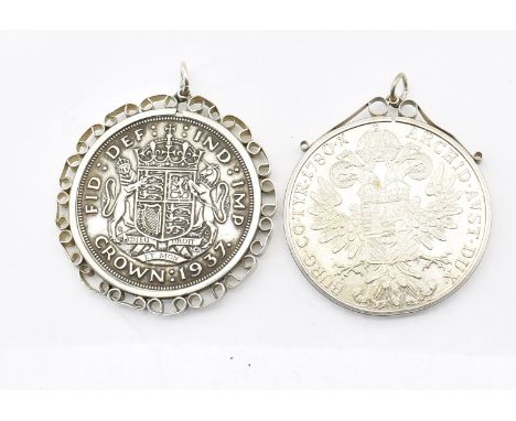 Two mounted silver coin pendants. A&nbsp; mounted Austrian coin the obverse having Portrait of Maria Theresia of Habsburg fac