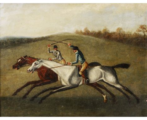 CIRCLE OF JAMES SEYMOUR (c.1702-1752) Two racehorses with jockeys up, oils on canvas laid onto panel, 22.5 x 28cm