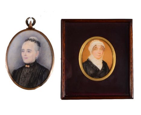 ENGLISH SCHOOL (LATE 19TH CENTURY) A miniature oval portrait of a lady wearing black lace dress and jacket, and with lace tri