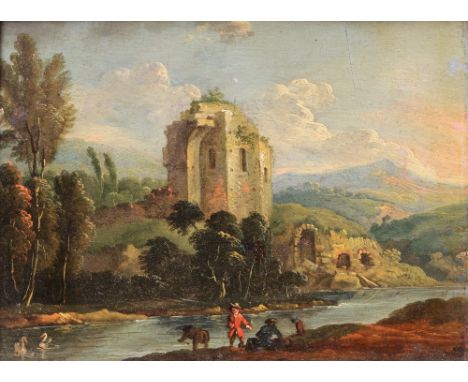 19TH CENTURY CONTINENTAL SCHOOL River landscape with figures and ruined tower, oils on panel, 14 x 19cm