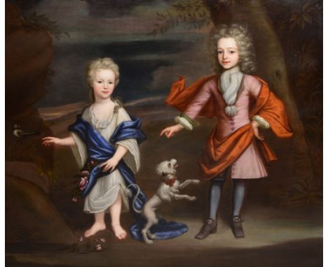 ENGLISH SCHOOL (18TH CENTURY ENGLISH SCHOOL) Portrait of the boy and girl standing with a pet dog, oils on canvas, 131 x 148.