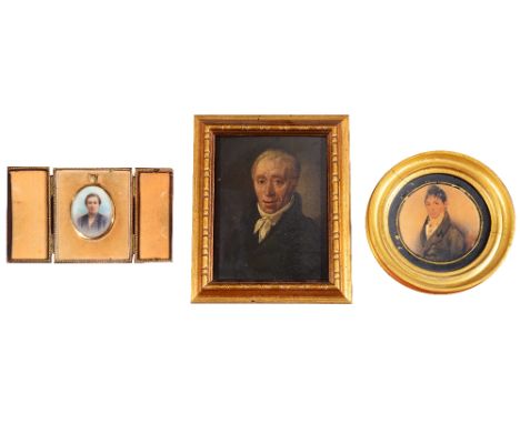CONTINENTAL SCHOOL, EARLY 19TH CENTURY Portrait of a gentleman wearing dark jacket and white stock, oils on panel, 18cm x 14c
