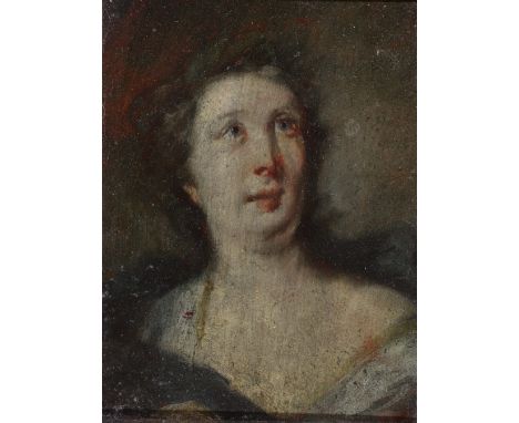 FOLLOWER OF GUIDO RENI Head and shoulders study of a lady looking toward the heavens, oils on panel, 19.5 x 14.5cm