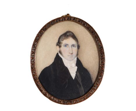 ENGLISH SCHOOL (19TH CENTURY) A miniature oval portrait of a gentleman wearing black coat with white stock, watercolour on iv