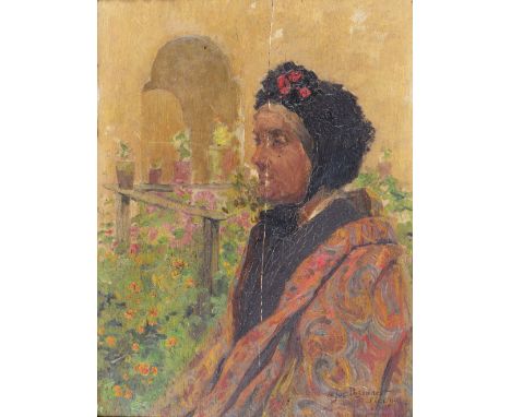 JOSEPH POSENAER (1876-1935) An old lady in a formal garden, signed and dated '97, oils on panel, 31.5 x 23cm (split to panel)