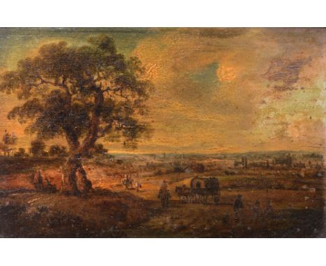 FOLLOWER OF AELBERT CUYP An extensive landscape with travellers, oils on panel, 10 x 15cm