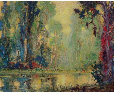 GEOFFREY HOLT (AMERICAN 1882-1977) 'Eucalyptus Trees, Early Morning', inscribed verso (unchecked), oils on board, 21 x 27cm P