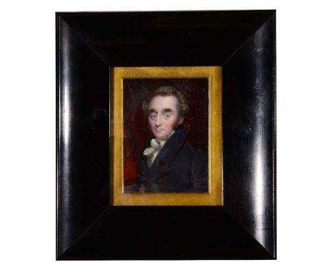 ENGLISH SCHOOL (19TH CENTURY) A miniature rectangular portrait of a gentleman, wearing dark coat with white stock, watercolou